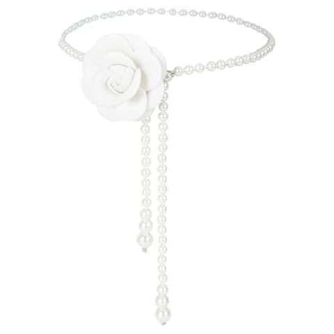 Felite Fnn Women Camellia Flower False Pearl Belt Adjustable Waist Chain for Dress Blouse Sweater Cover