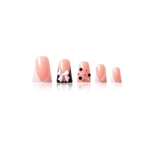 Image of French Tip Nails Press ons Black White Fake Nails Duck False Nails with Design Rhinestone Glue on Nails Bow Stick on Nails Glossy Artificial Acrylic Full Cover Nail for Women Girls Manicure 24Pcs