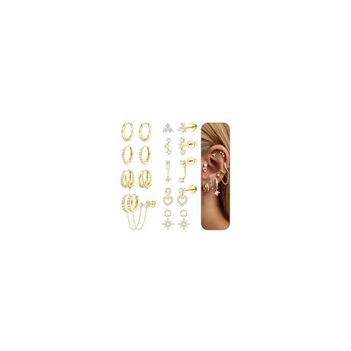 FIOROYAL 9 Pairs Lot Boucles d'Oreilles Femme Acier Inoxydable Hypoallergéniques Boucle d'Oreille Or Clous d'Oreille Creole Plaqué Or 14K avec Chaîne...