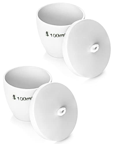 QWORK Porcelain Crucible with Lid, 100ml Capacity, 2 Pack, for School, Laboratory