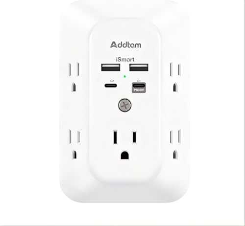 Image of Addtam 5-Outlet Extender Surge Protector, Multi Plug Wall Outlet with 4 USB Wall Charger(PD 30W), Outlet Splitter Power Strip for Home Office Dorm Room Essentials, Plug Extension Outlet 1800J
