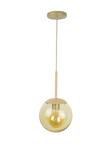 Enluz Iluminação, Lustre Pendente Dourado Champanhe Globo Vidro Âmbar 20 cm