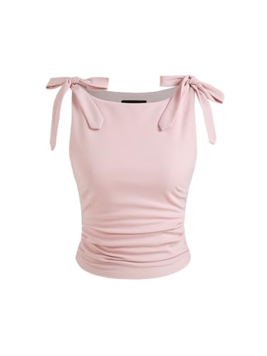 CIDER Crop Tank Tops for Women Bowknot Ruched Solid Scoop Neck Sleeveless Fitted Tops