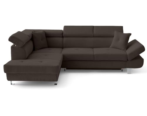 BestMobilier - Lisbona - canapé d'angle Gauche 5 Places Convertible avec têtières en Velours côtelé, Marron
