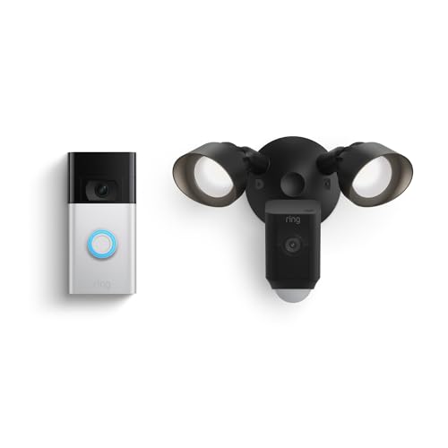 Ring Floodlight Cam Wired Plus, Black with Ring Video Doorbell, Satin Nickel - image 1