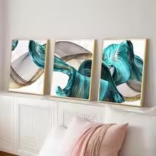 KEMEIQI Stampa su tela UnRuly, poster ad acquerello di un dipinto su tela blu con nastro verde dorato, arte moderna da parete decorativa (70x110cmx3/senza cornice)