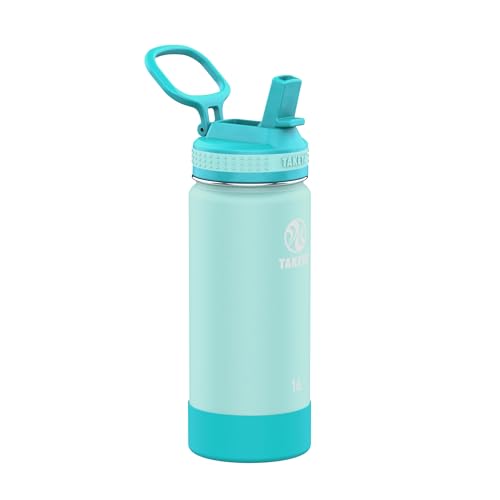Image of Takeya Actives Kids Water Bottle 16 oz Stainless Steel Double Wall Insulation BPA-Free Leakproof Straw Lid Easy Carry Handle Reusable Ideal for Boys and Girls, School, Sports - Surfer / Lagoon