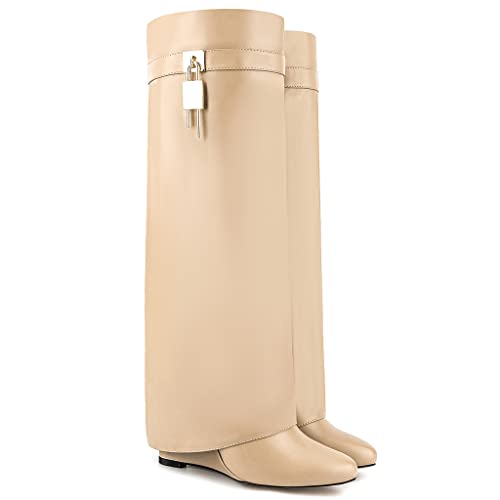 Image of Fold Over Boots for Women Pointy Pull-on Wedge Heel Knee Shark Boot With Side Zipper Padlock Design