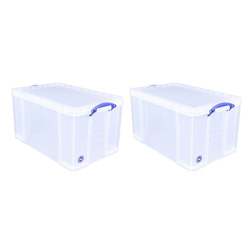 Image of Really Useful Box 84 Liters Storage Container with Snap Lid and Clip Lock Handle for Lidded Home and Item Storage Bins, 2 Pack, Clear