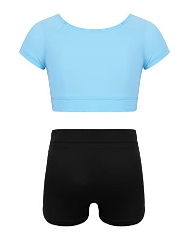 Kids Girls 2 Piece Sports Gymnastics Dance Outfits Crop Tank Top with Booty Shorts Active Workout Sets Wathet 6 Years4