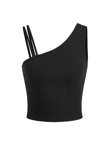 Floerns Girl's One Shoulder Knitted Solid Sleeveless Slim Fit Crop Tank Top