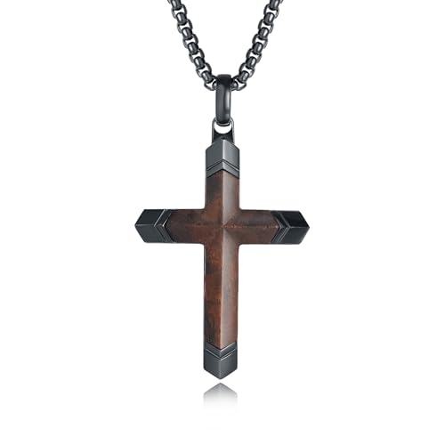 Wooden Cross Necklace for Men, Handmade Real Ebony Wood Cross Pendant Stainless Steel Chain, Mens Cross Necklaces Natural Wood Christian Gifts, 24 inch box chain