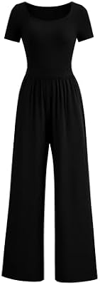PRETTYGARDEN Women's Short Sleeve Wide Leg One Piece Jumpsuit, Black,L