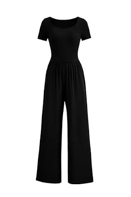 PRETTYGARDEN Women's Short Sleeve Wide Leg One Piece Jumpsuit, Black,L