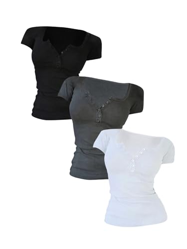 GORGLITTER Women's 3 Pack Ribbed Knit Textured Henley Shirt Sets V Neck Half Button Scoop Neck Short Sleeve Tee Tops