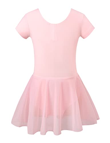 Foto von Mecceos Kinder Ballettkleidung Mädchen Ballettkleid Kurzarm Baumwolle Balletttrikot Ballettanzug Tanzkleid Tanzbody mit Rock Tütü （Hellrosa, Small）