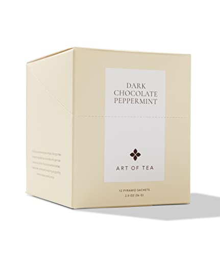 Art of Tea Dark Chocolate Peppermint 12 Count Tea Bags, Organic Pu-Erh Dessert Tea with Cocoa Nibs &amp; Peppermint, Premium Pyramid Sachets for After Dinner Tea