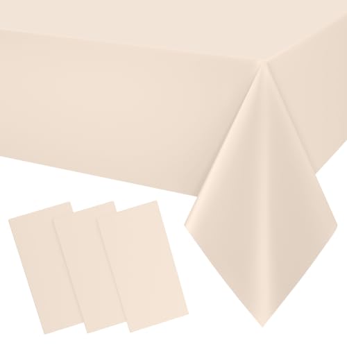 Image of Smiry Disposable Table Cloth 3 Pack, 54 x 108 Inch Waterproof Plastic Tablecloth, Decorative Rectangle Table Covers for Party, Birthday, Picnic, Ivory