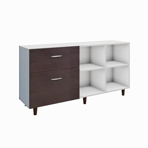 Image of VIKI Modern TV Unit for Living Room | Engineered Wood TV Cabinet with 2 Drawer Storage & 2 Open Shelves, Entertainment Unit, 140W x 74H x 40D cm | DIY | 1 Year Warranty (White & Wenge)