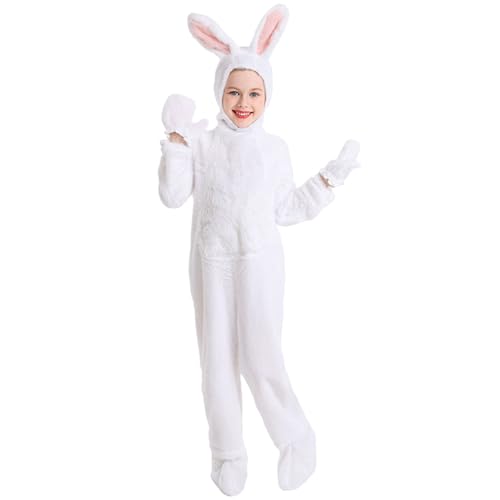 Generisch Kinder Jungen Mädchen Cosplay Hase Plüsch Tiere Bühnenkostüm 4-teilig Overall Kopfbedeckung Handschuhe Fußhandschuhe Kleidungsset Jumpsuit Kostüm Damen (White, 9-11 Years)