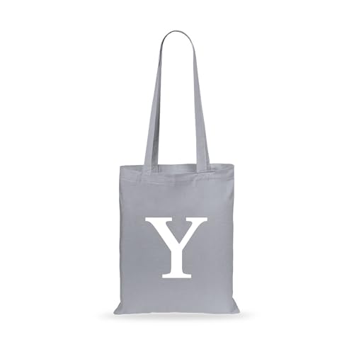 Image of eBuyGB Initial Tote Bag, Monogram Cotton Shopper Bag, Children's Party Goodie Bag, Letter Shoulder Bag for Her, Swimming, Gym, Shopping, Beach Bag (Grey)
