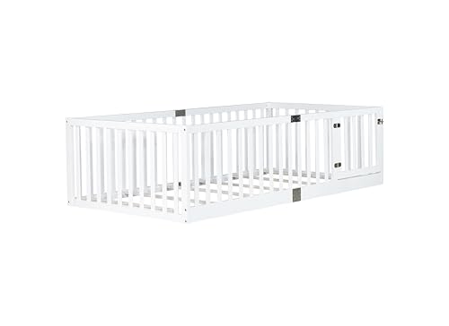 Image of Bellemave Twin Size Kids Montessori Floor Bed Frame with Door and Slats,Solid Wood Floor Bed Frame with Slats and High Fence for Kids,Girls,Boys,White