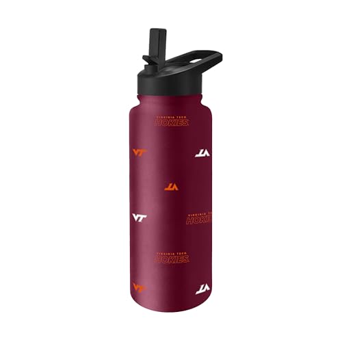 Image of Logo Brands NCAA Virginia Tech Hokies Step & Repeat 34 oz Stainless Steel Quencher Bottle - All Over Logo Design, No-Spill Lid, Easy Carry Handle - Keeps Drinks Cold For Hours