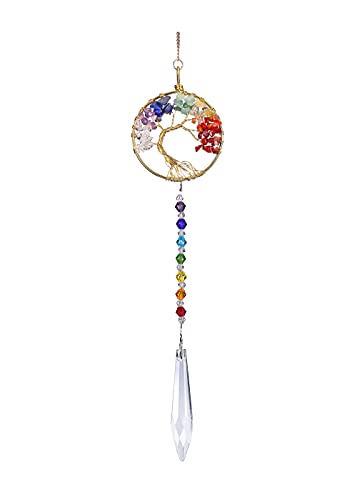 Jovivi Ornement Suspendus Arbre de Vie Attrap-Soleil Capteur de Soleil à Suspendus Chakra Pierre Cristal Guérison Décoration pour Murale Rideau Fenêtre Bonne Chance (1pc)