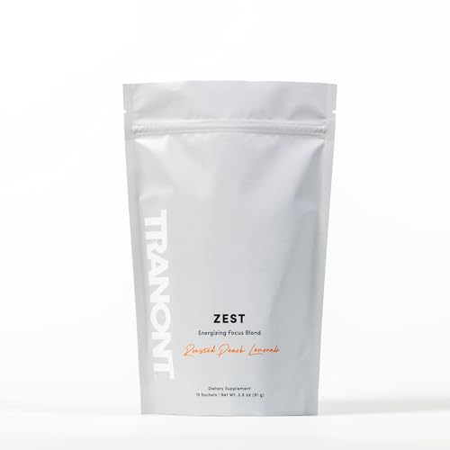 Image of Tranont Zest Energizing Focus Blend | Roasted Peach Lemonade Energy Powder | Gluten-Free, Sugar-Free with Green Tea L-Theanine, Vitamins & Antioxidants for Energy, Focus, and Health | 15 Sticks