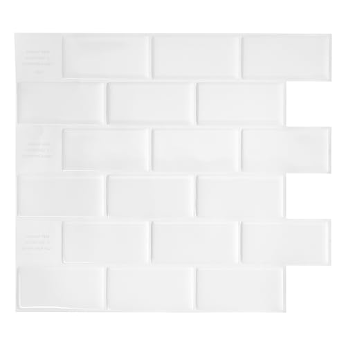 Smart Tiles, Self Adhesive Wall Tiles, Subway White, 4 Sheets of (27.81cm x 24.64cm) (10.95"" x 9.70"") Kitchen and Bathroom, 3D, Self Adhesive Wall Tiles