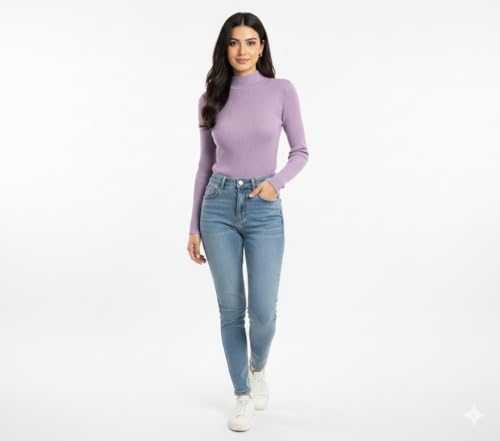 Image of Women Ribbed High Neck Full Sleeve Pullover Sweater|Solid Stretchable Slim Fit Winter Wear Top for Casual & Office Use