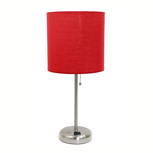Creekwood Home Oslo 19.5 Contemporary Bedside Power Outlet Base Standard Metal Table Desk Lamp in Brushed Steel with Red Drum Fabric Shade