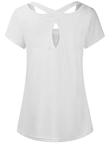 Kimmery Yoga Tops Breathable Short Sleeve Scoopneck Criss Cross Cutout Back Shirts Summer Outside Gym Exercising Tennis Cycling Walk White Xl #TOP1
