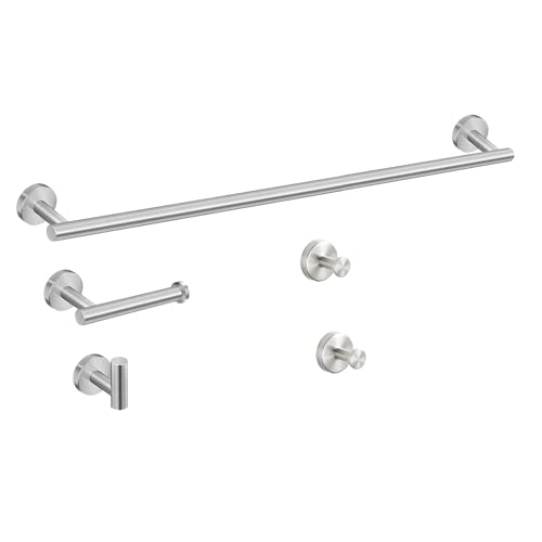 LUMAI Kit 5 Acessórios para Banheiro Aço Inoxidável Fosco, Toalheiro, Suporte para Toalha Corporal, Suporte para Papel Higiênico e 2 Ganchos Grandes, Instalação Segura e Organização – Prata