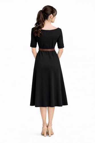 Image of Women's Elegant Midi Dress with Belt | Half Sleeve Fit & Flare Casual Dress | Knee Length Office Party Western Dress for Women