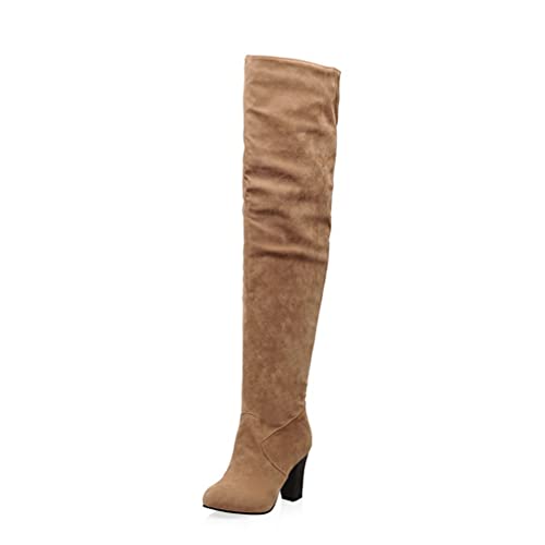KOKOMOMO Womens Faux Suede Thigh High Heeled Round Toe Chunky Over The Knee Boots2