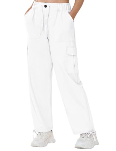 Womens Cargo Joggers Parachute Y2K Pants Lightweight Hiking Travel Scrub Pants Elastic Waist with Drawstring Quick Dry White