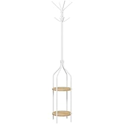 HOMCOM Perchero de Pie con 2 Estantes Perchero Metálico de Pie con 8 Ganchos para Colgar Bolsas Ropa Forma de Árbol para Pasillo Entrada Dormitorio Ø34x181 cm Blanco