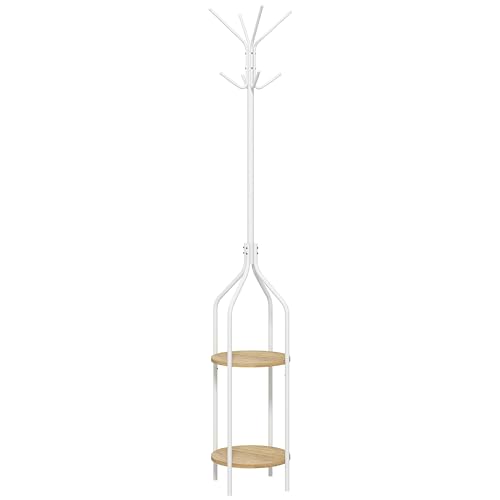 HOMCOM Appendiabiti da terra con 2 ripiani Appendiabiti in metallo da terra con 8 ganci per appendere borse vestiti a forma di albero per corridoio, ingresso camera da letto, Ø34 x 181 cm, bianco