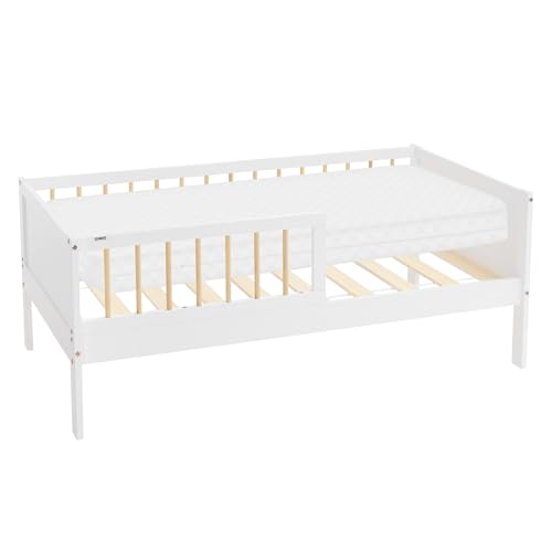 ML-Design Cama Infantil Blanco-Natural con Colchón De Espuma Fría 70x140cm Madera de Pino Maciza con Somier de Láminas y Protección Anticaída Estructura Robusta Mueble de Dormitorio para Niños/Bebés