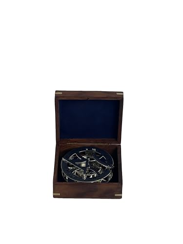 Brújula de reloj de sol vintage de latón con caja de madera | Acabado niquelado brillante | Regalo náutico | 11 x 11 x 4 cm miniatura 2