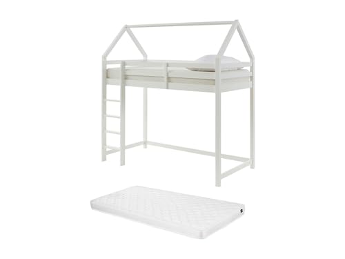 Vente-unique - Cama Alta cabaÒa 90 x 190 cm - Pino - Blanco + ColchÛn - TARZIA
