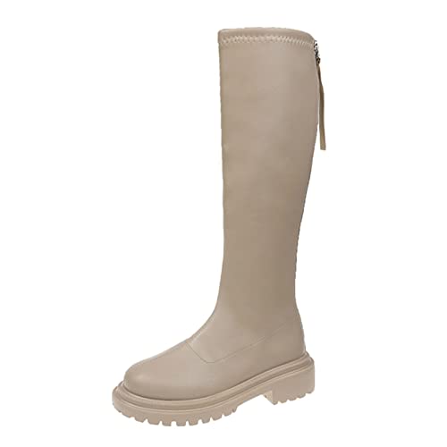 Botas planas para mujer, botas de equitación para mujer, de piel, clásicas, con tacón en bloque, resistentes al viento, cómodas botas de invierno, invierno y otoño, beige, 37 EU