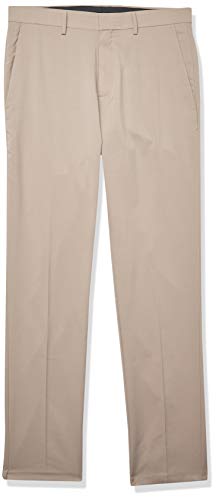 Kenneth Cole REACTION Men's Technicole Stretch Plain Weave Slim Fit Flat Front Flex Waistband Dress Pant, Stone, 38 X 32