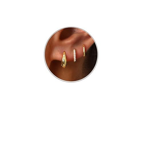 Poxtex Small 14K Gold Plated Huggie Hoop Earrings Set for Women, Hypoallergenic Trendy Hoops Stacks...