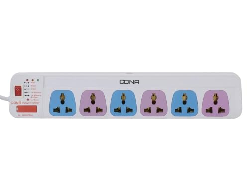 Image of PM CONA Power Strip with 6 Sockets, 4 Metre Cord, 6 Ampere, Spike Guard with Indicator, Multicolour (3291)