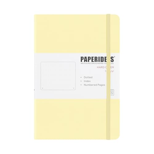 PAPERIDEAS ノート A5 ハードカバー ゴムバンド付き 上質紙100g 180°開き ページ番号・目次・栞紐2本付き 新モランディカラーシリーズ (ドット, クリームイエロー)（Amazon）