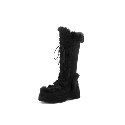 MSYIEVAD Knee High Winter Boots for Women Faux Fur Platform Snow Boots Lace Up Side Zipper Warm (Black, 6.5 M US)