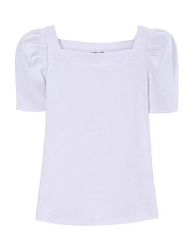 Girls Square Neck Puff Sleeve Tunic T-Shirt - Rib Fabric Solid Summer Tee Tops for Toddler Kids 3-12 Years