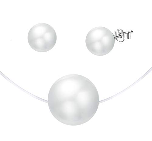 Preisvergleich Produktbild Yumilok Damen-Ohrstecker Halskette Kette Nylonkette Kabelkette mit Perlen Anhänger Ohrringe Creolen Schmucksets Set Geschenk für Frauen Mädchen Silber